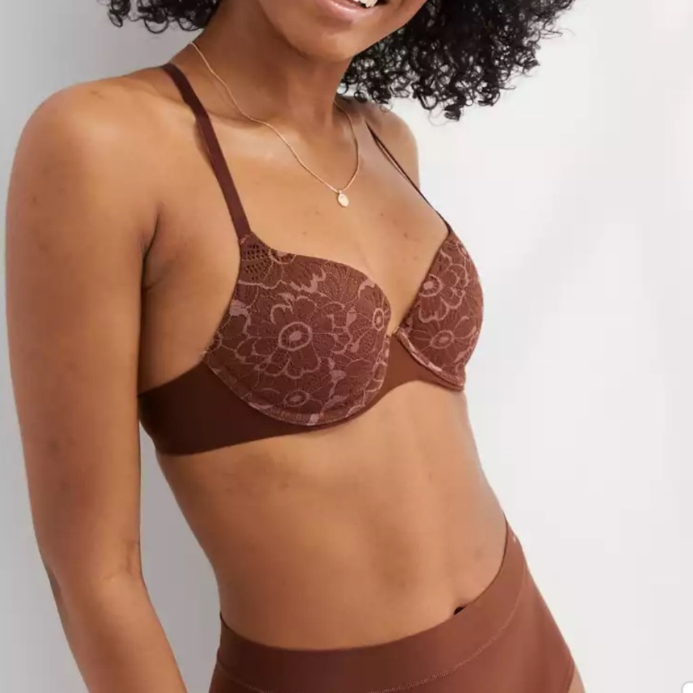 Aerie underwire demi push-up bra 32C Cream and nude blossom lace cup